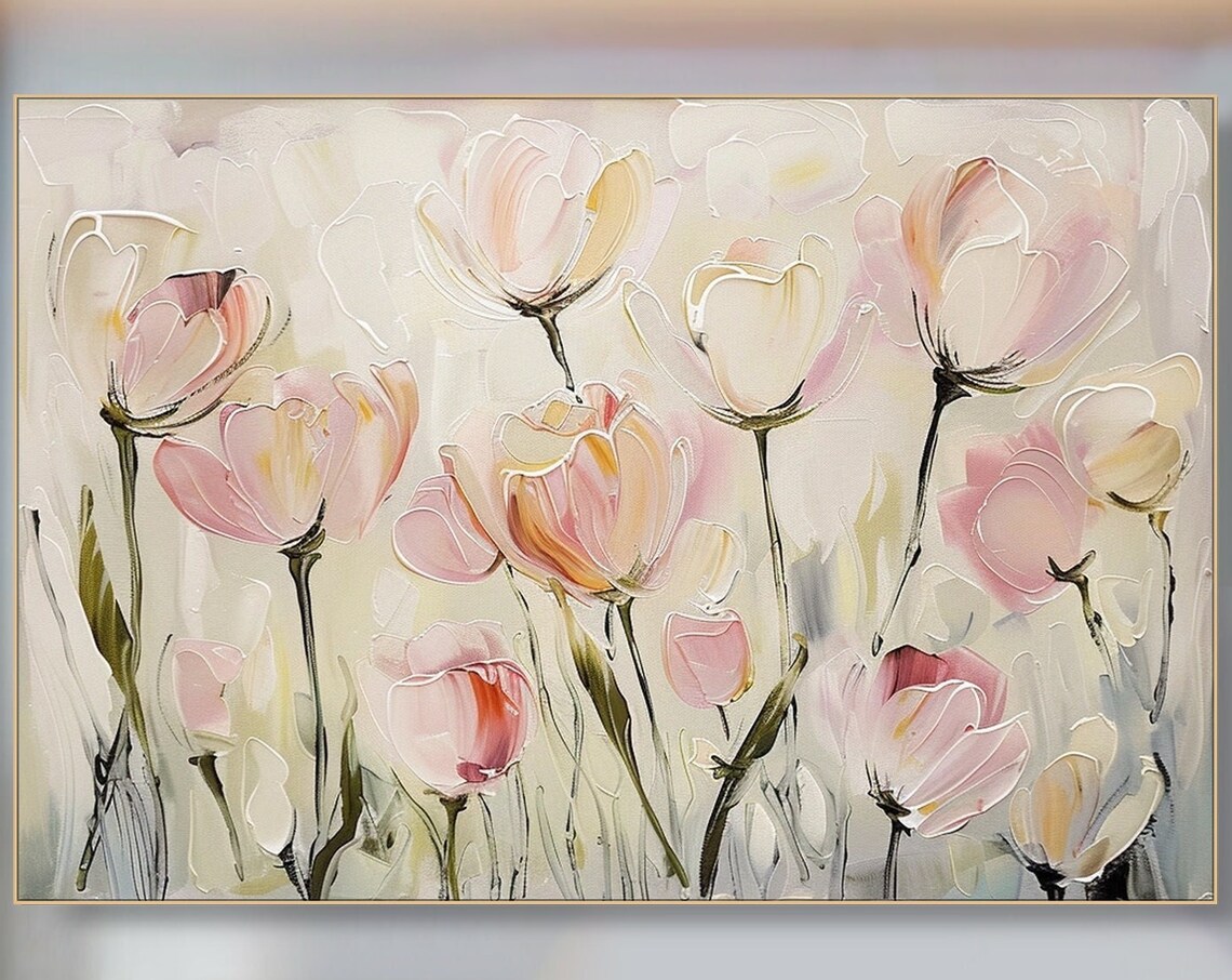 Blush Pink Tulips Soft Pastel Floral Impasto Elegant Art Poster