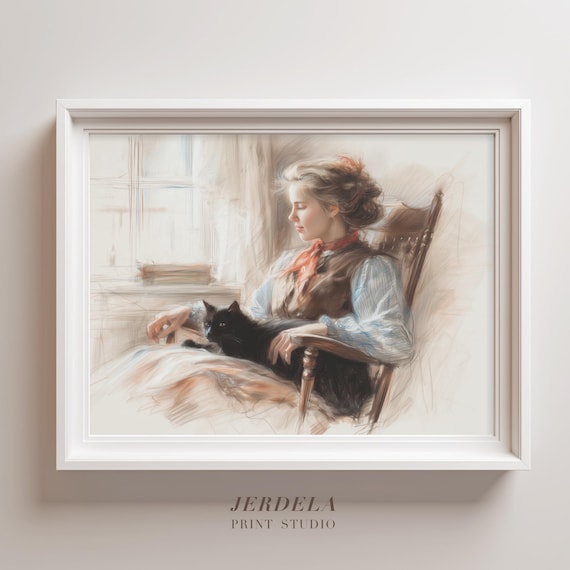 Young Woman with Black Cat Vintage Pastel Sketch Print Window Light Portrait
