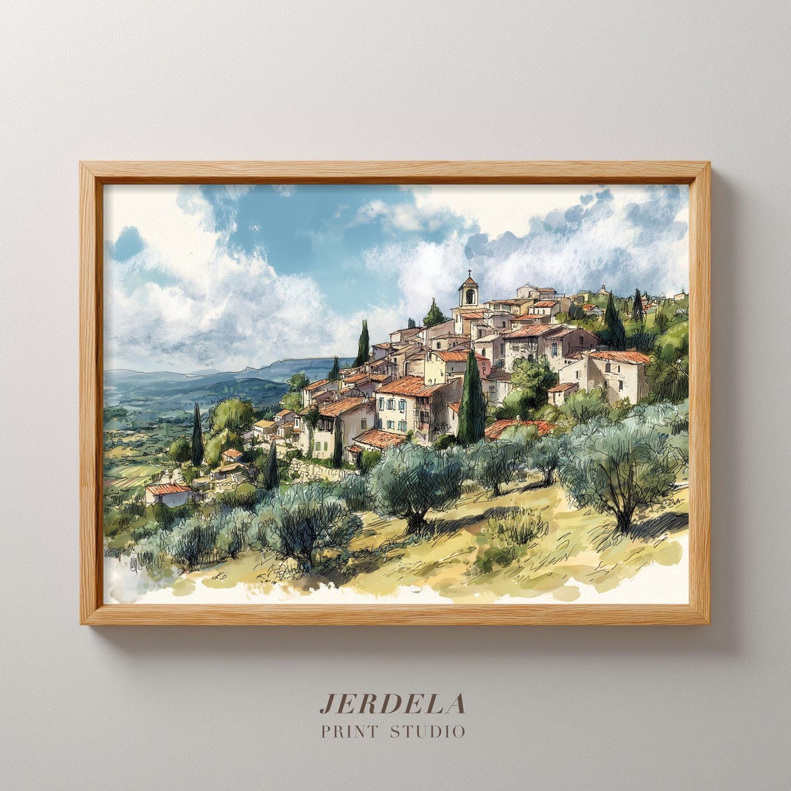 Tuscan Village Watercolor Sketch Mediterranean Hillside Town Poster