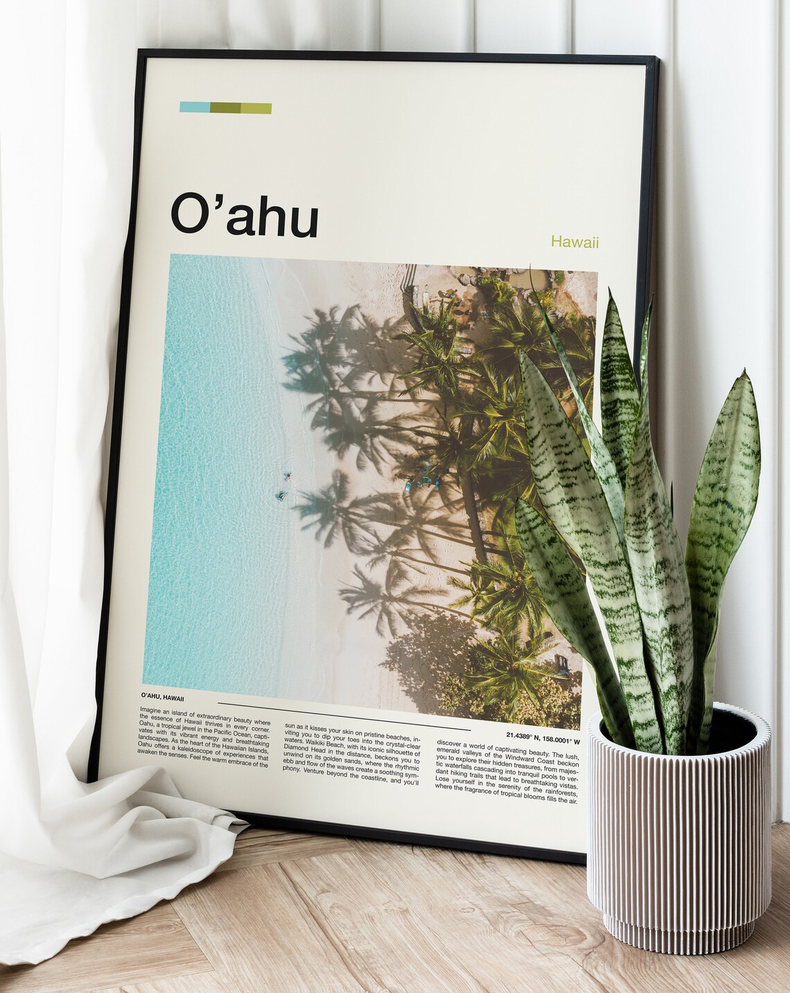 Oahu Hawaii Aerial Beach Palm Trees Turquoise Water Scene Poster - Image 3