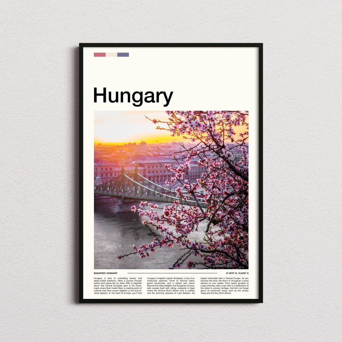 Hungary Budapest Bridge Sunset Spring Blossom Travel Photo Poster