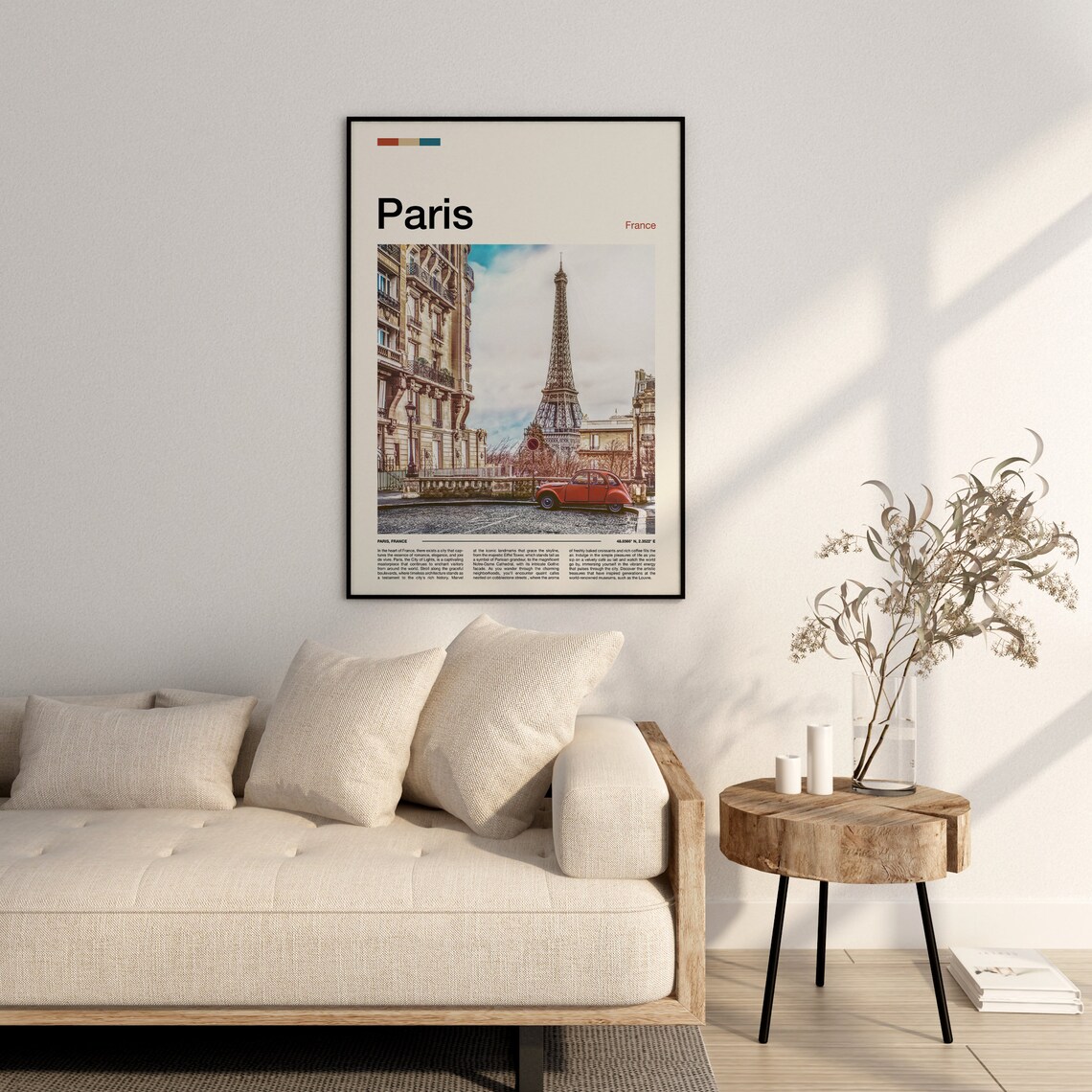 Paris France Eiffel Tower Cobblestone Street Red Car City Photo Poster - Image 3