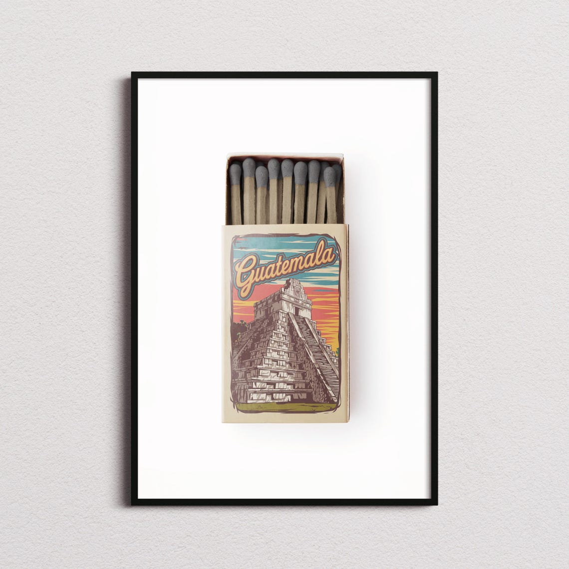 Guatemala Vintage Retro Matchbox Mayan Pyramid Sunset Poster