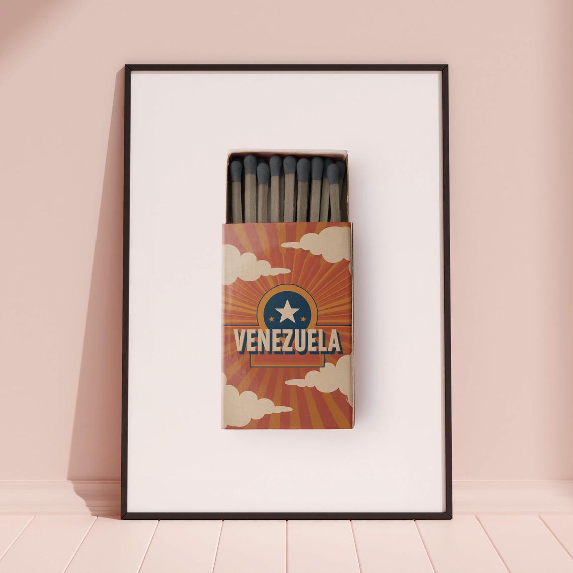 Venezuela Sunburst Star Matchbox Style Art with Retro Clouds Poster - Image 3