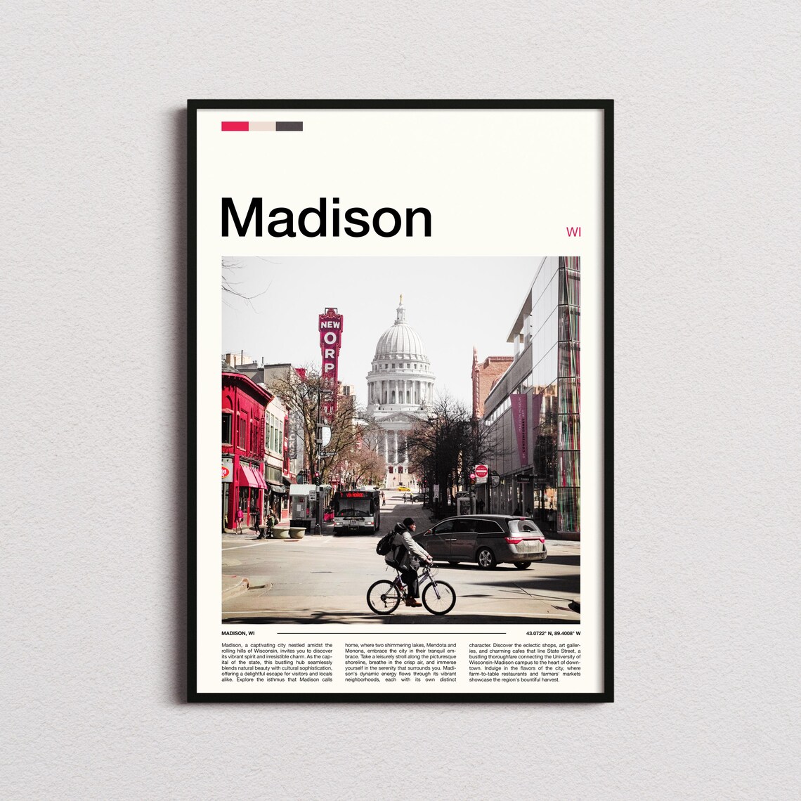 Madison Wisconsin State Capitol Dome Street Scene Travel Poster