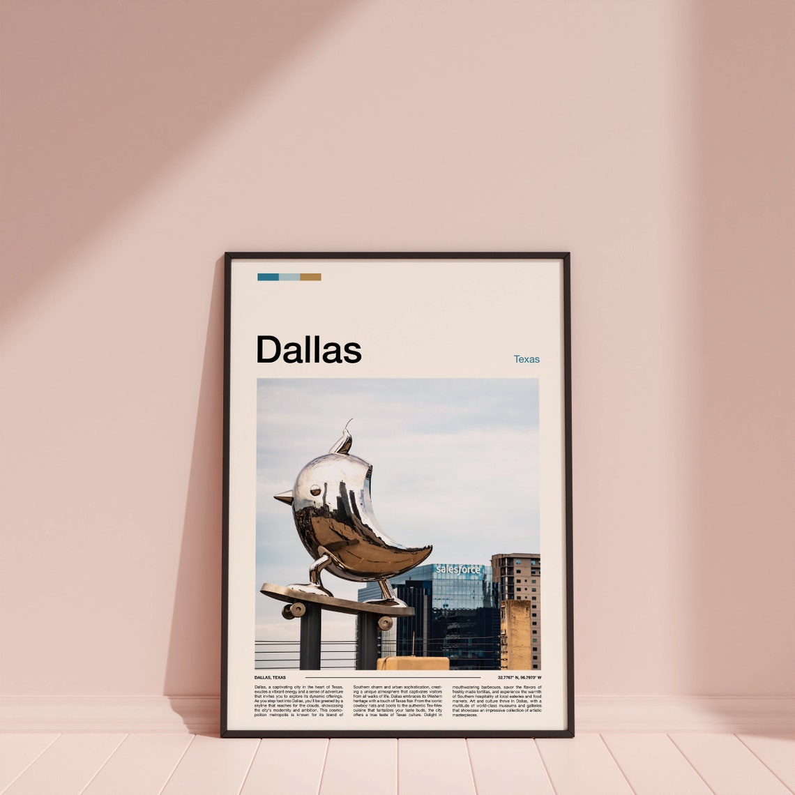 Dallas Texas Downtown Chrome Bird Sculpture Skyline Art Poster - Image 4