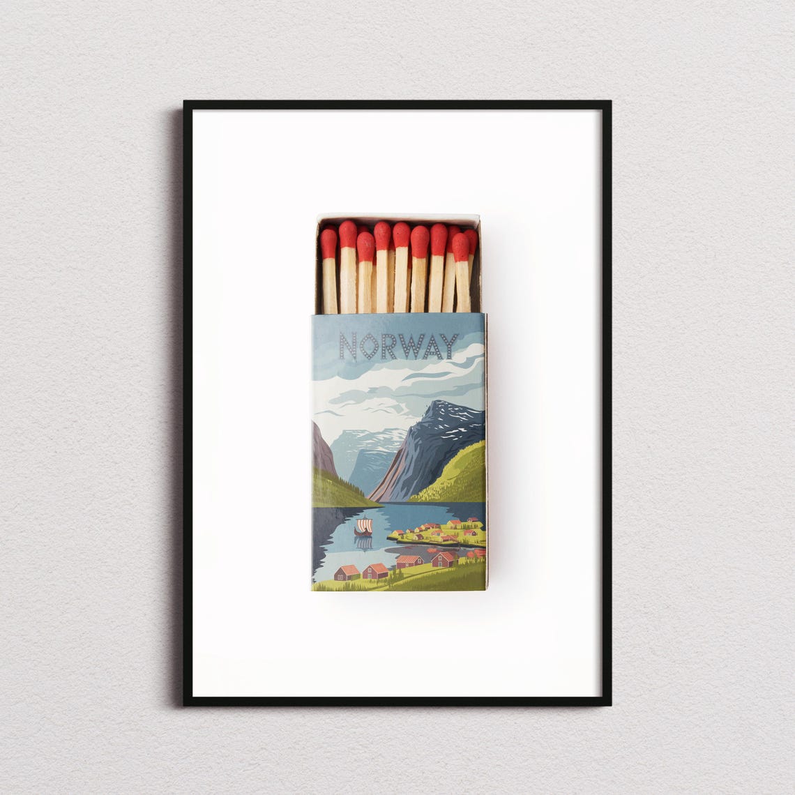 Norway Fjord Village Matchbox Style Art with Viking Ship Poster