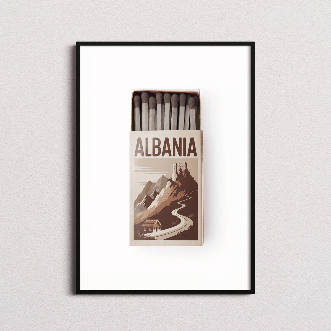 Albania Matchbox Mountain Castle Road Vintage Travel Art Poster