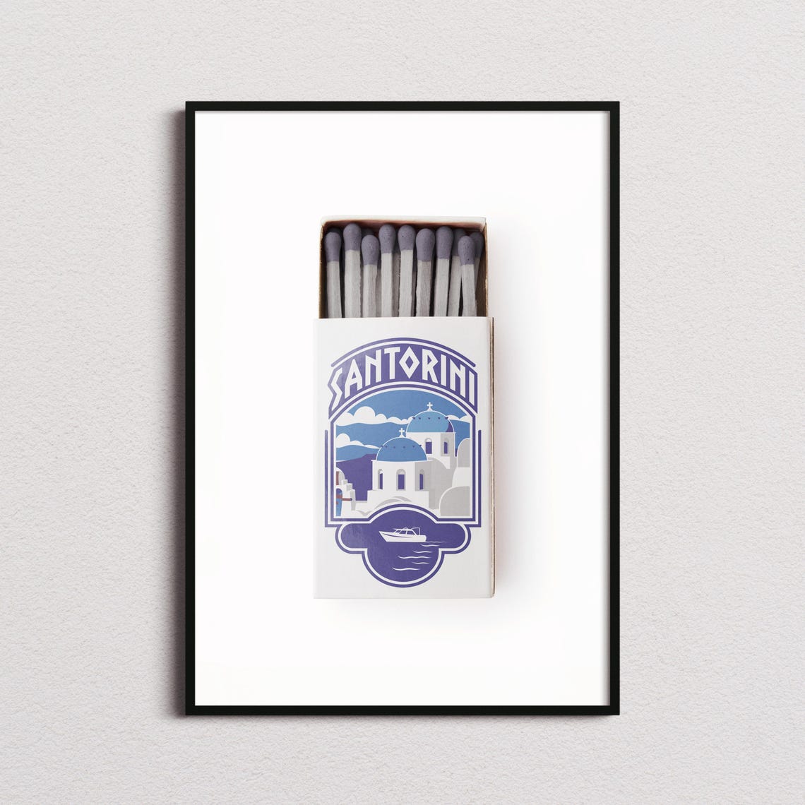 Santorini Greece Vintage Matchbox Blue Domes Art Travel Poster