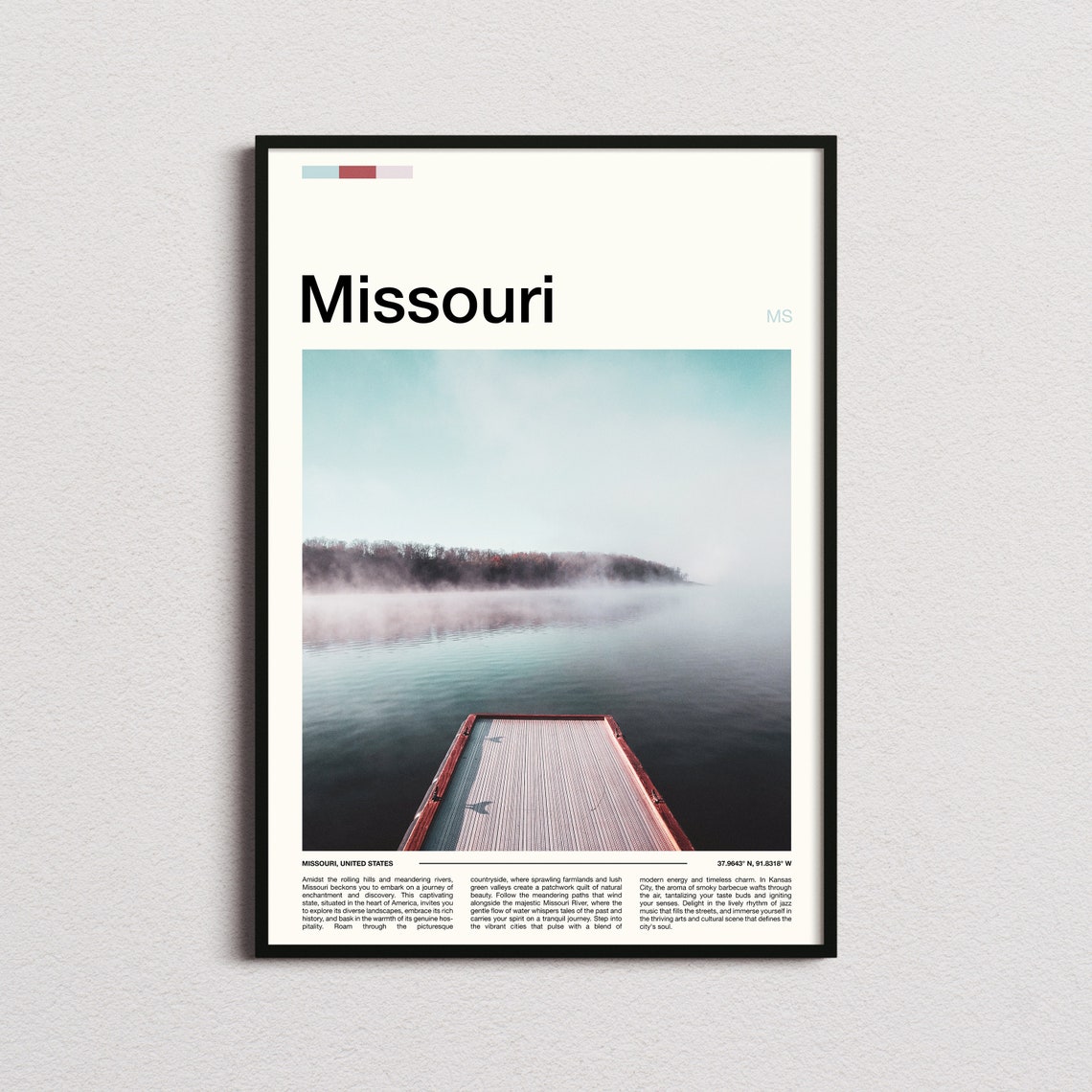Missouri USA Misty Dawn Lake Wooden Dock Still Water Calm Poster