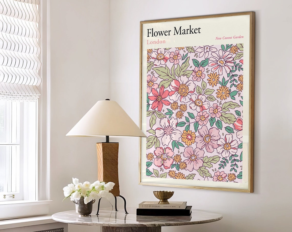Pastel Pink Flower Market London Print Flower Market Poster Floral Art Poster Retro 70s Flower Market Boho Flower Market Print F150