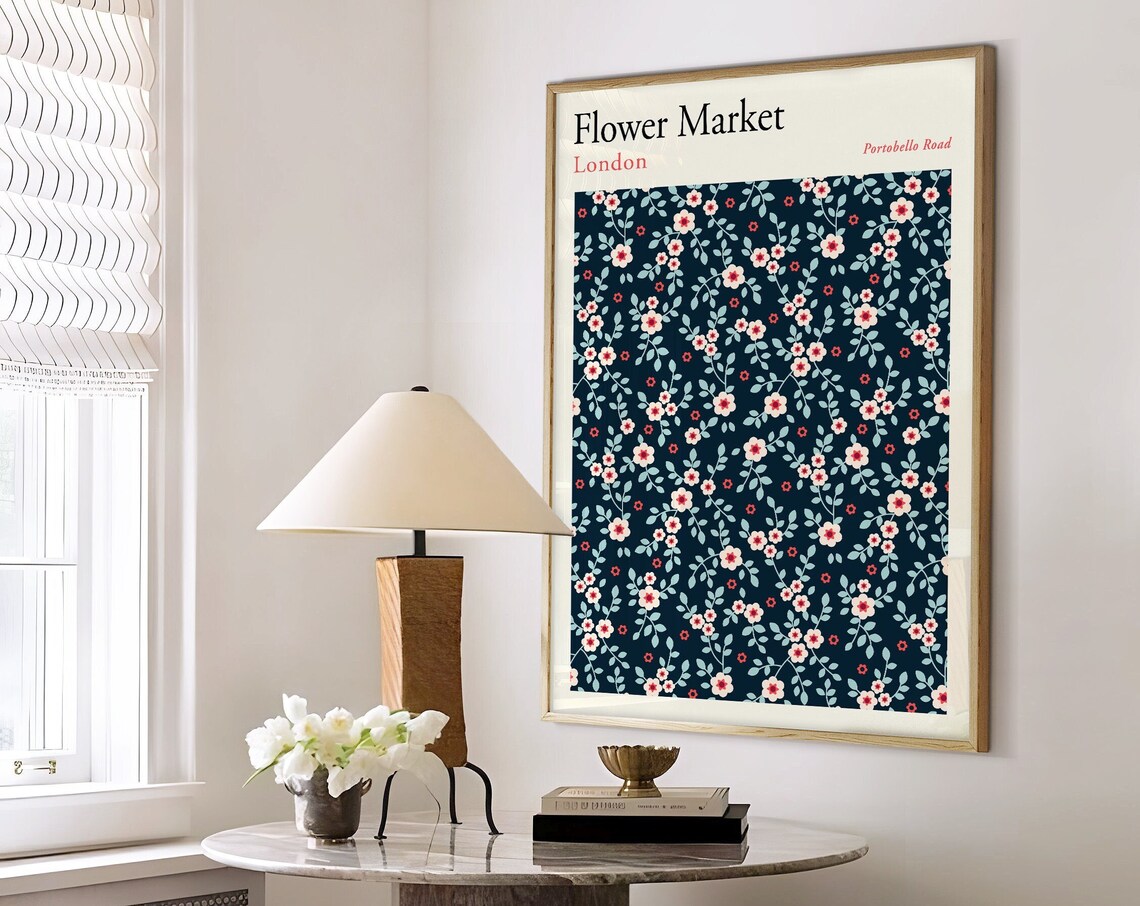 London Portobello Road Navy Floral Flower Market Botanical Poster