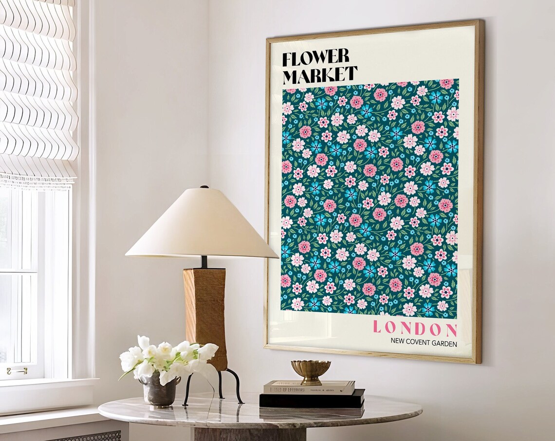 London New Covent Garden Green Pink Ditsy Floral Market Art Poster