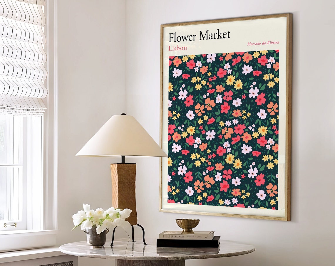 Lisbon Mercado da Ribeira Dark Floral Botanical Market Art Poster