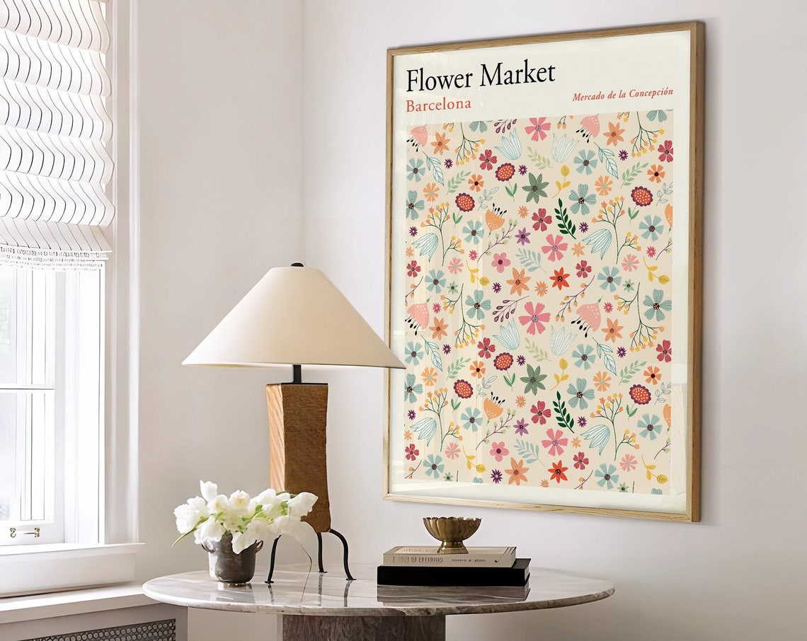 Flower Market Art Print Barcelona Flower Market Poster Floral Boho Poster Neutral Colours Flower Market Retro Flowers F151