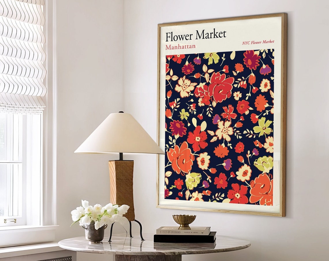Manhattan NYC Flower Market Navy Bold Floral Botanical Art Poster