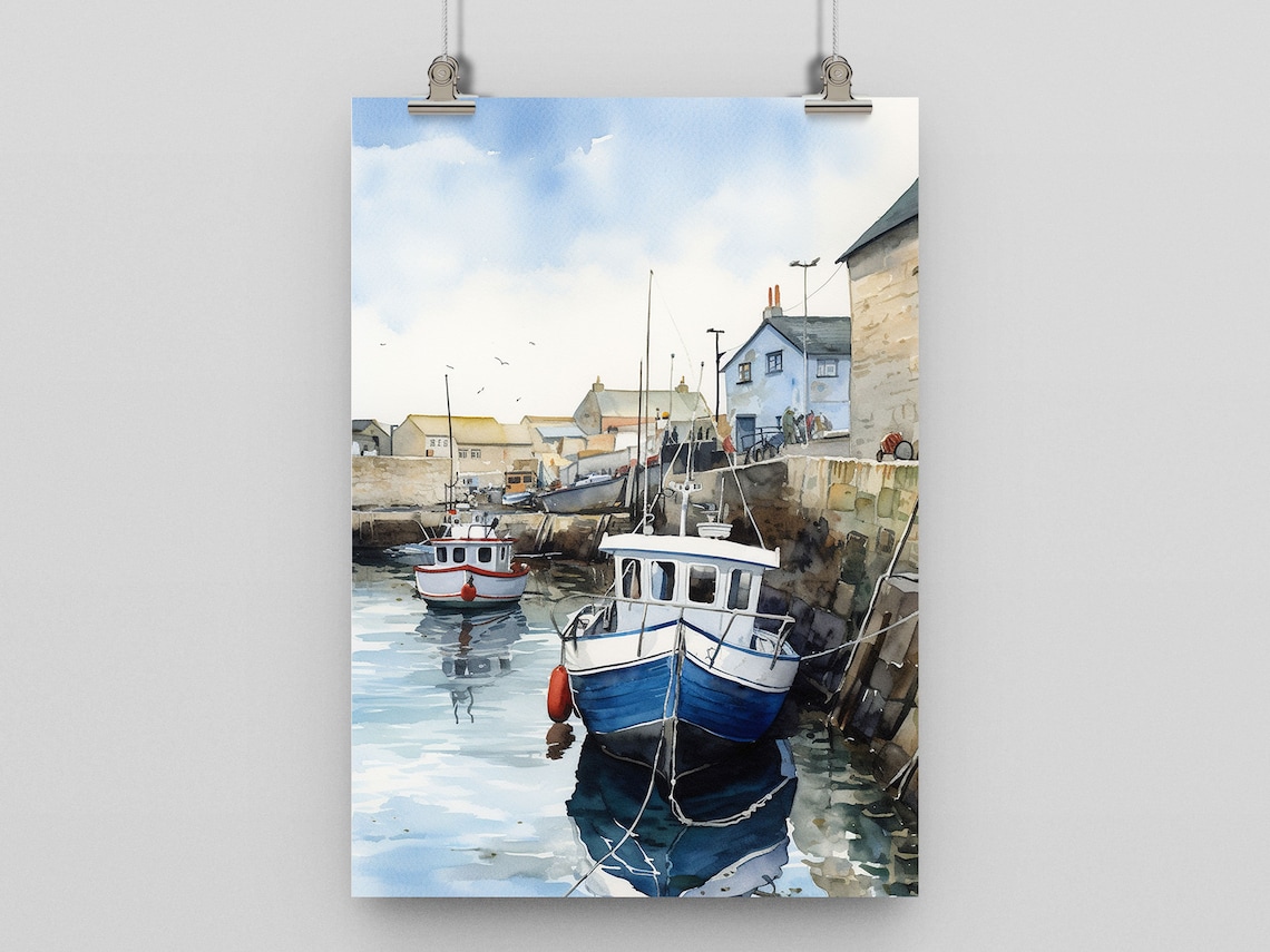 Seaside Fishing Harbour Watercolour Art Print