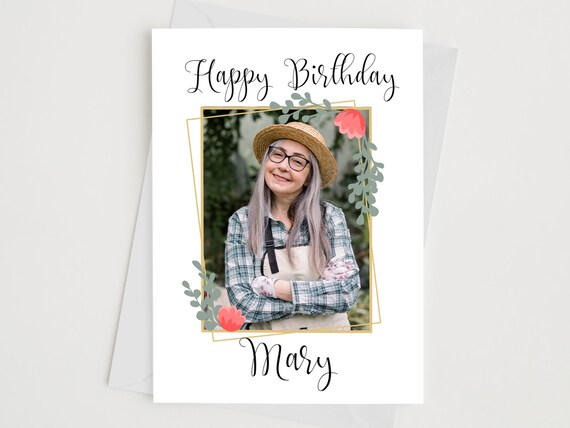 Personalised Happy Birthday Photo Card Floral Name Gift Poster