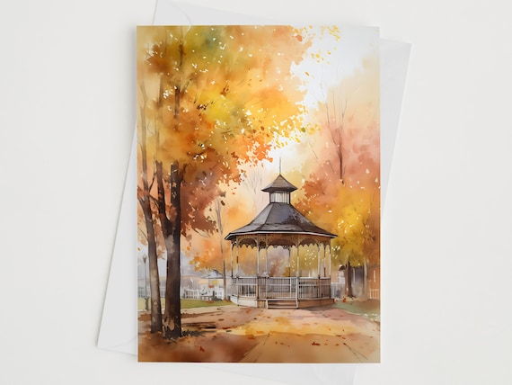 Gazebo Autumn Scene Small Town America Watercolour Illustration Birthday Occasion Card