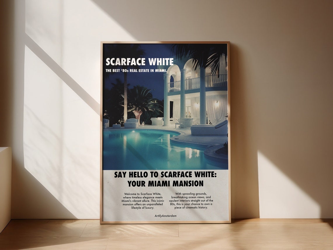 Scarface White 80s Miami Mansion Real Estate Parody Art Poster
