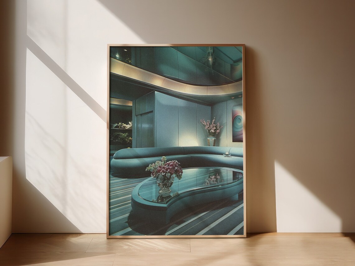 1980s Teal Retro Interior Design Vintage Living Room Art Poster