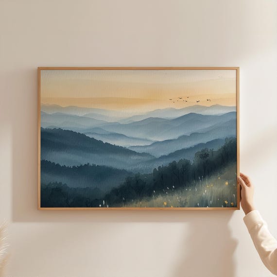Blue Ridge Mountains, Misty Watercolor Landscape