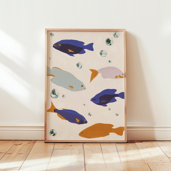 Playful Fish School Colorful Gouache Underwater Scene Wall Art