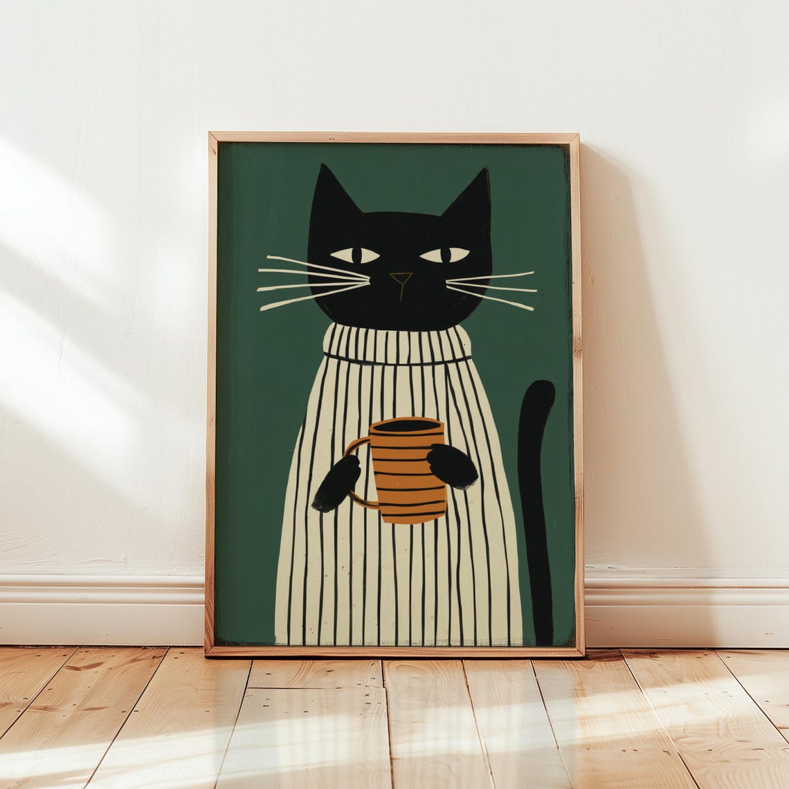 Black Cat in Striped Sweater Holding Coffee Cup Cozy Wall Poster