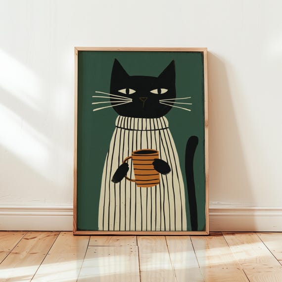 Funny Cat Poster Black Art Mid Century Modern Wall Sage Green Decor Lover Gift