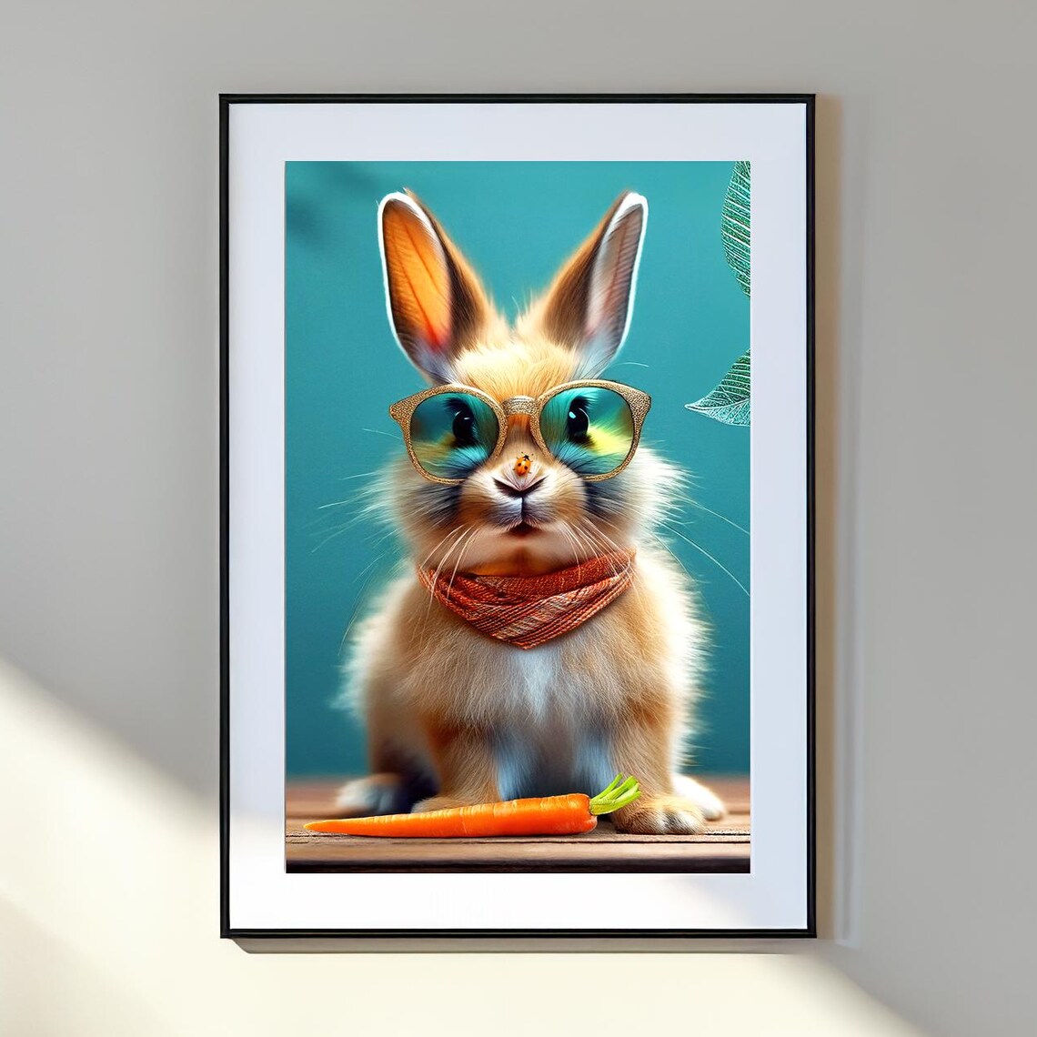 Cool Bunny with Gold Sunglasses Scarf and Carrot on Teal Print