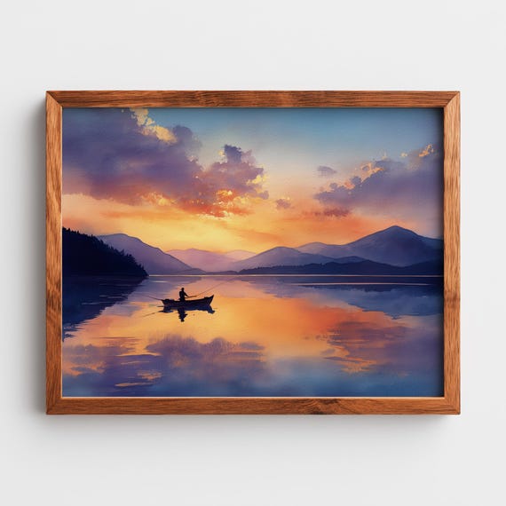 Serene Mountain Lake With Rowboat Peaceful Watercolor Art Reflective Water Colorful Sky Tranquil Landscape Decor 303