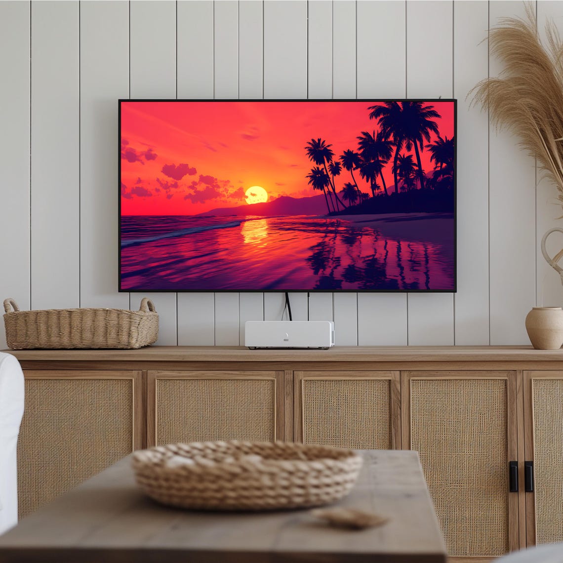 Tropical Sunset Beach Palm Silhouette Vivid Ocean Waves Art Poster - Image 2