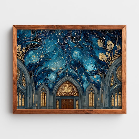 Starry Night Cathedral Window Art Ornate Mixed Media Wall Decor Gothic Architecture Moody Sky Illustration 200