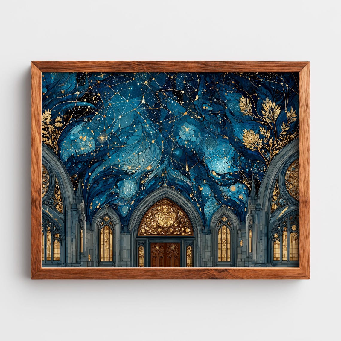 Starry Night Gothic Cathedral Window Blue Gold Fantasy Art Poster