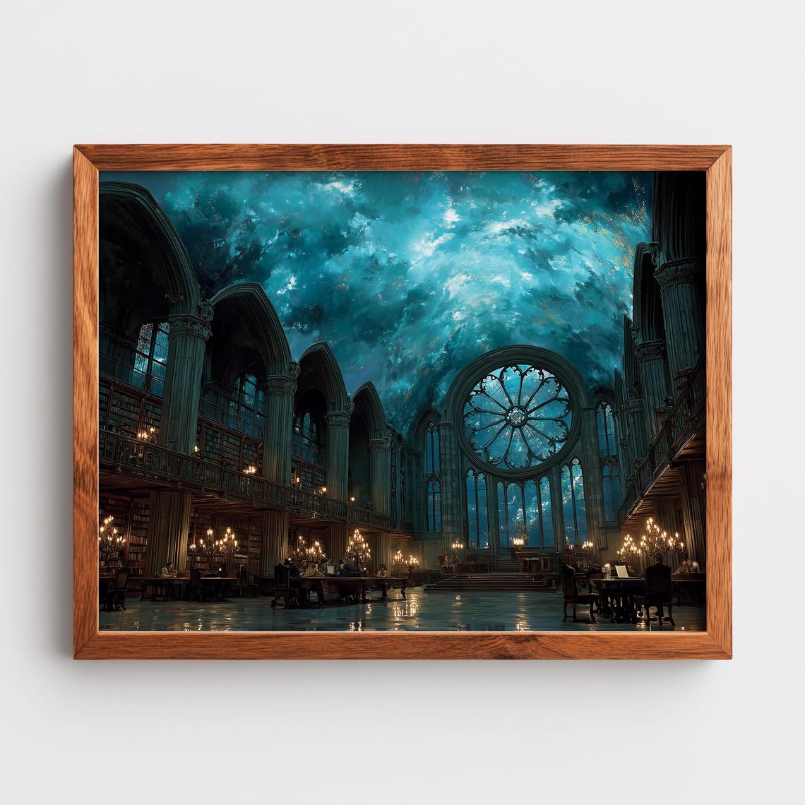 Moody Library Interior Painting Grand Stone Gothic Architecture Vintage Wall Art Wide Circular Window Decor 215