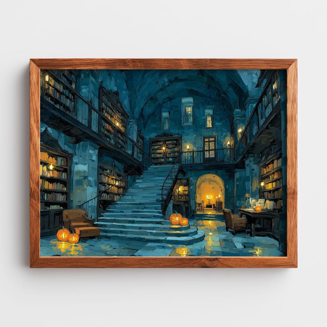 Grand Old Library Hall at Night with Spooky Jack O Lanterns Poster