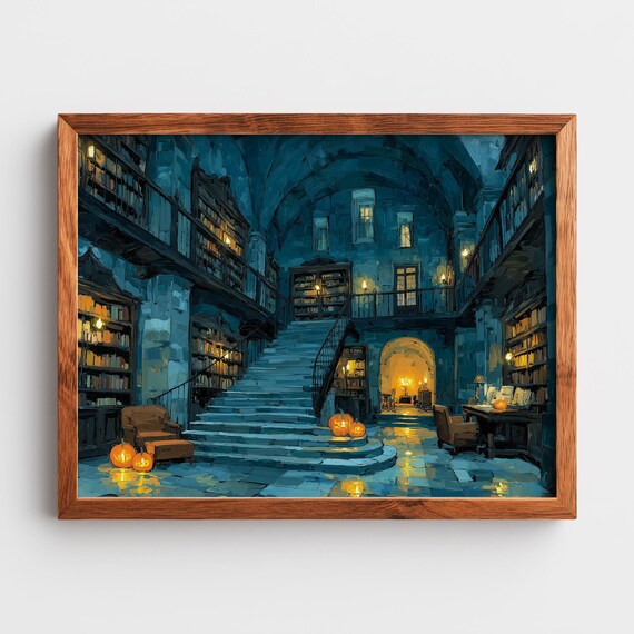 Moody Antique Library Painting Candlelit Gothic Room Rustic Book Lovers Wall Art Atmospheric Vintage Decor Gouache 91