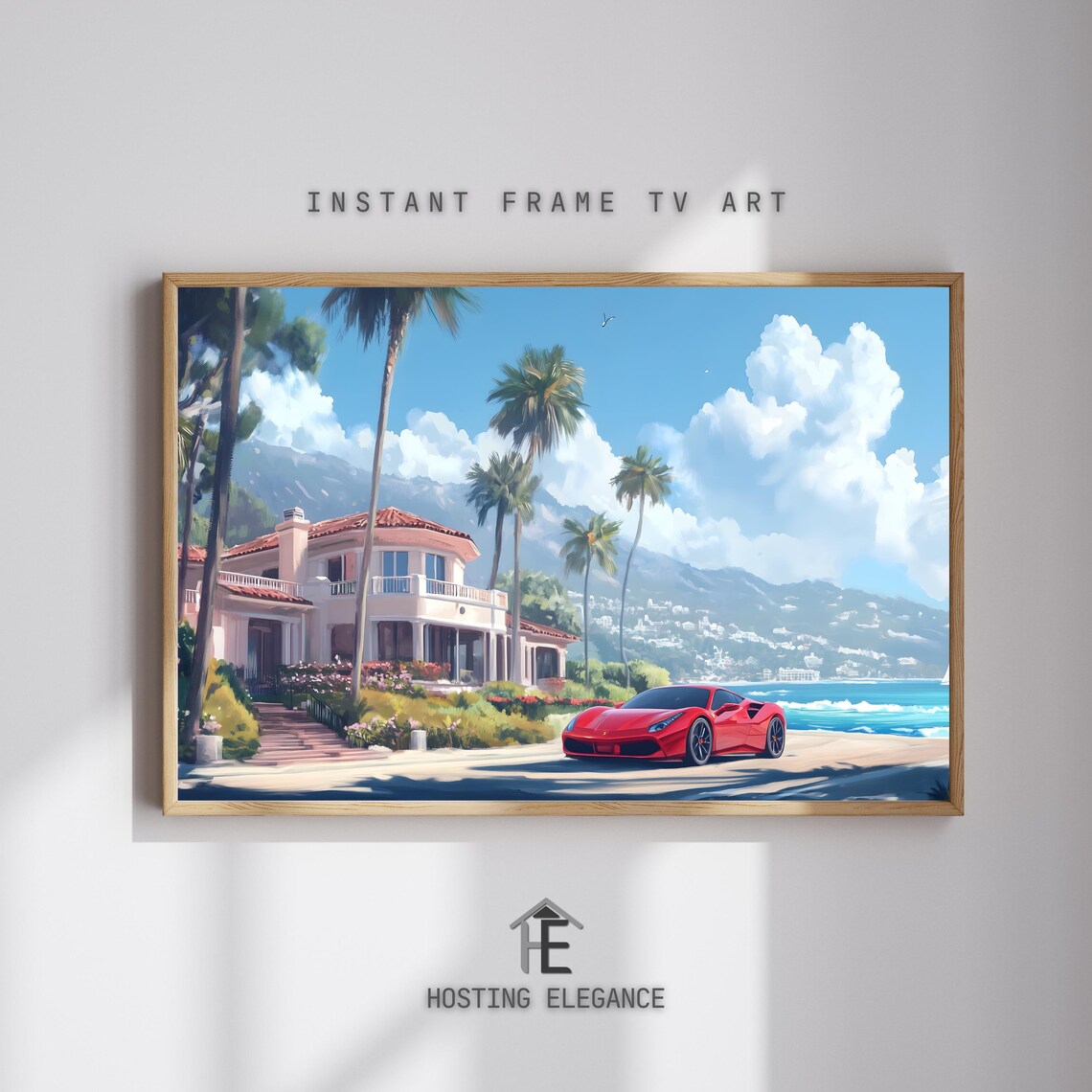 Luxury Coastal Villa Red Sports Car Palm Ocean View Scenic Poster