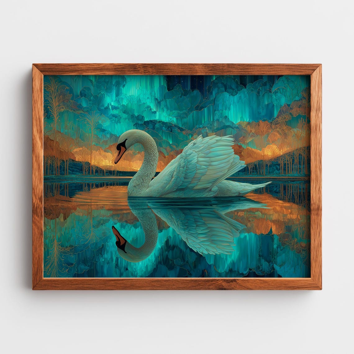 White Swan Lake Poster Mirror Reflection Teal Amber Elegant Bird Art