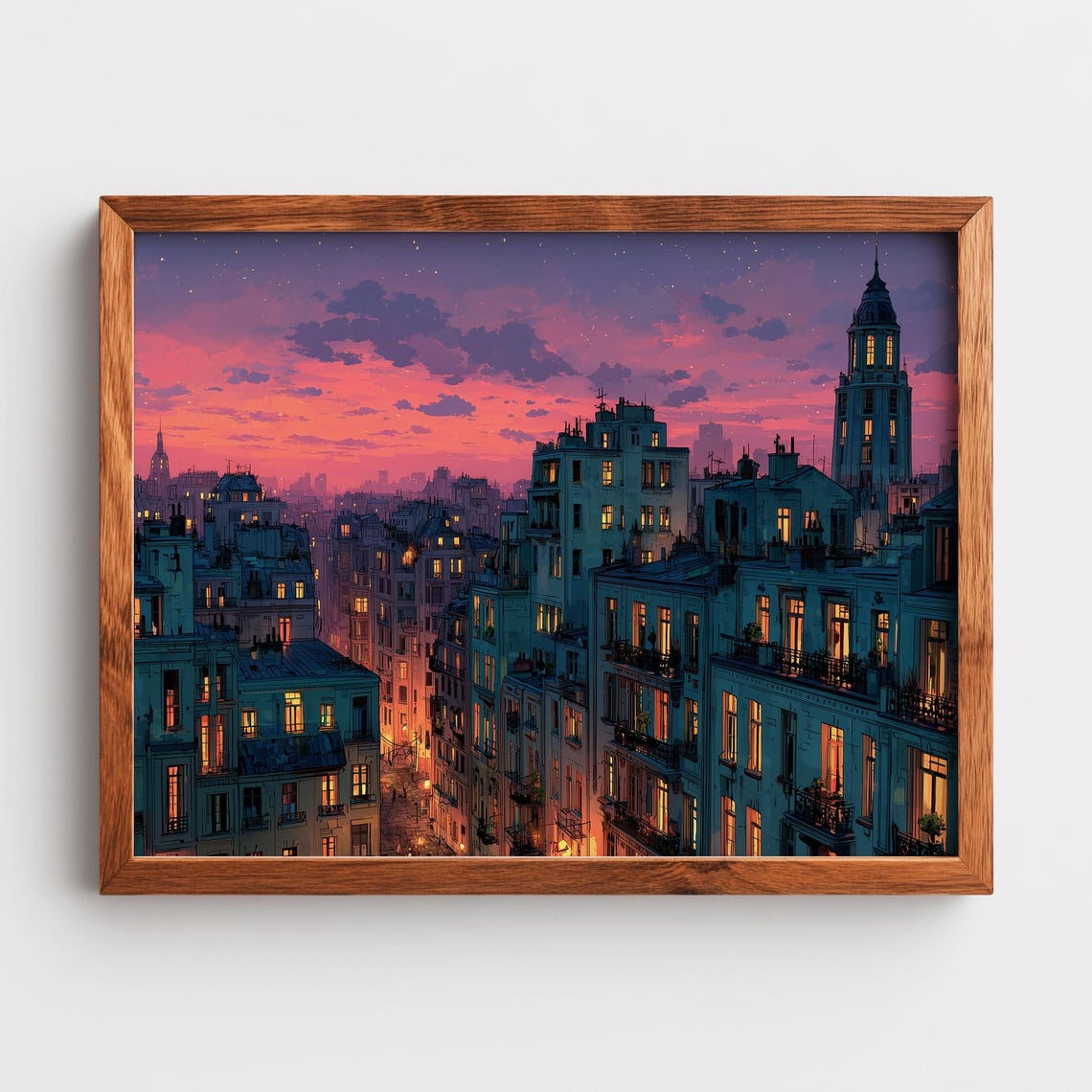 European City Rooftops at Dusk Under a Dreamy Purple Sunset Poster