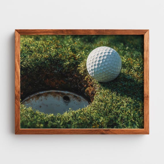 Realistic Golf Ball Near Hole Painting Detailed Sports Scene Grassy Green Texture Wall Art 297