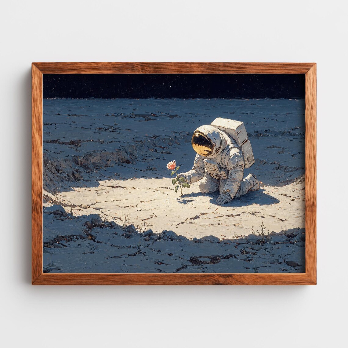 Astronaut Planting Rose on Moon Surreal Space Oil Painting Cosmic Wall Art