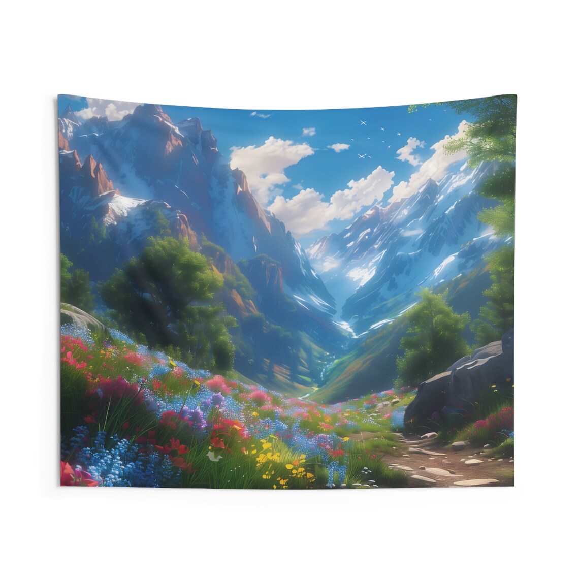 Alpine Wildflower Valley Snowy Peaks Sunny Mountain Wall Art