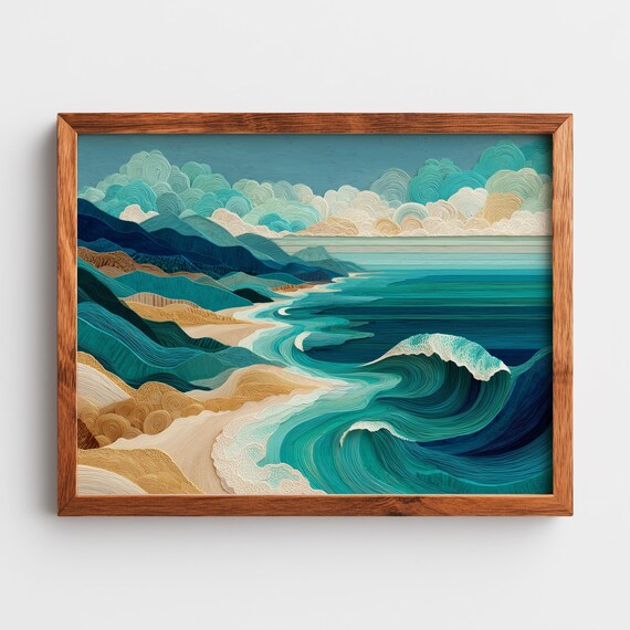 Turquoise Ocean Waves Beach Poster Coastal Dune Abstract Landscape Art