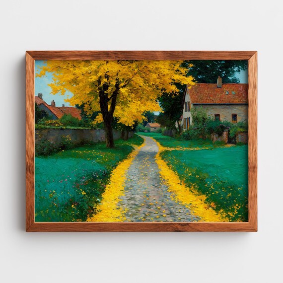 Autumn Country Lane With Maple Trees Rustic Fall Landscape Art Vibrant Colors Serene Rural Scene Decor 290