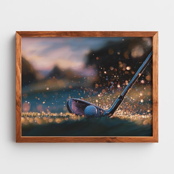 Golf Club Striking Ball Poster Golden Dusk Bokeh Sports Action Art