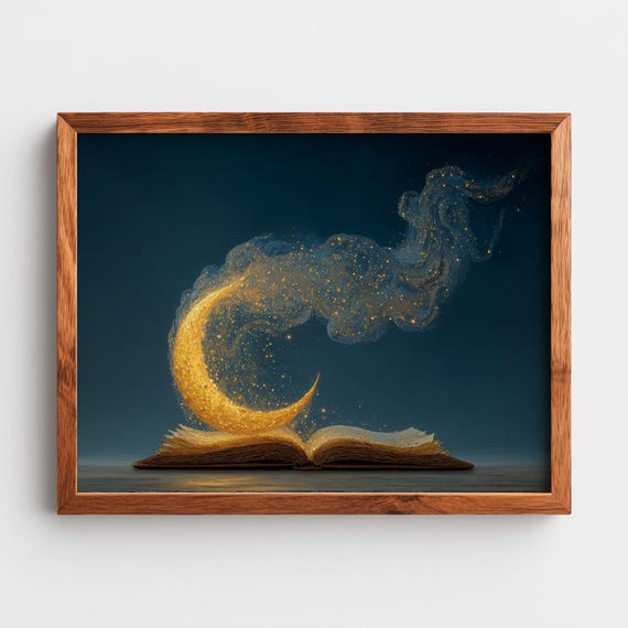 Surreal Crescent Moon In Open Book Mystical Oil Painting Dreamy Nighttime Decor Wall Art Celestial Bedroom Print 115
