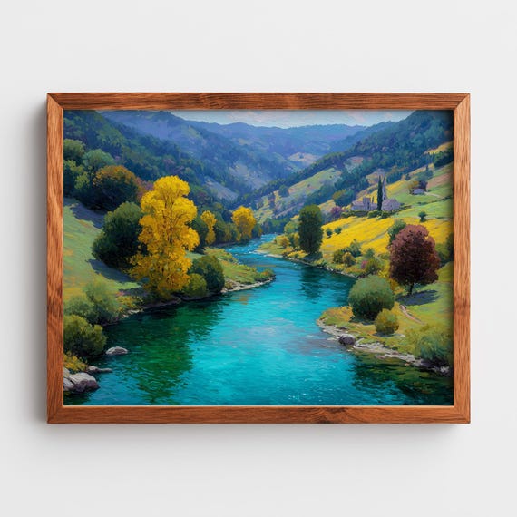 Scenic River Valley With Colorful Trees Tranquil Landscape Impressionist Earthy Wall Art Vibrant Nature 271