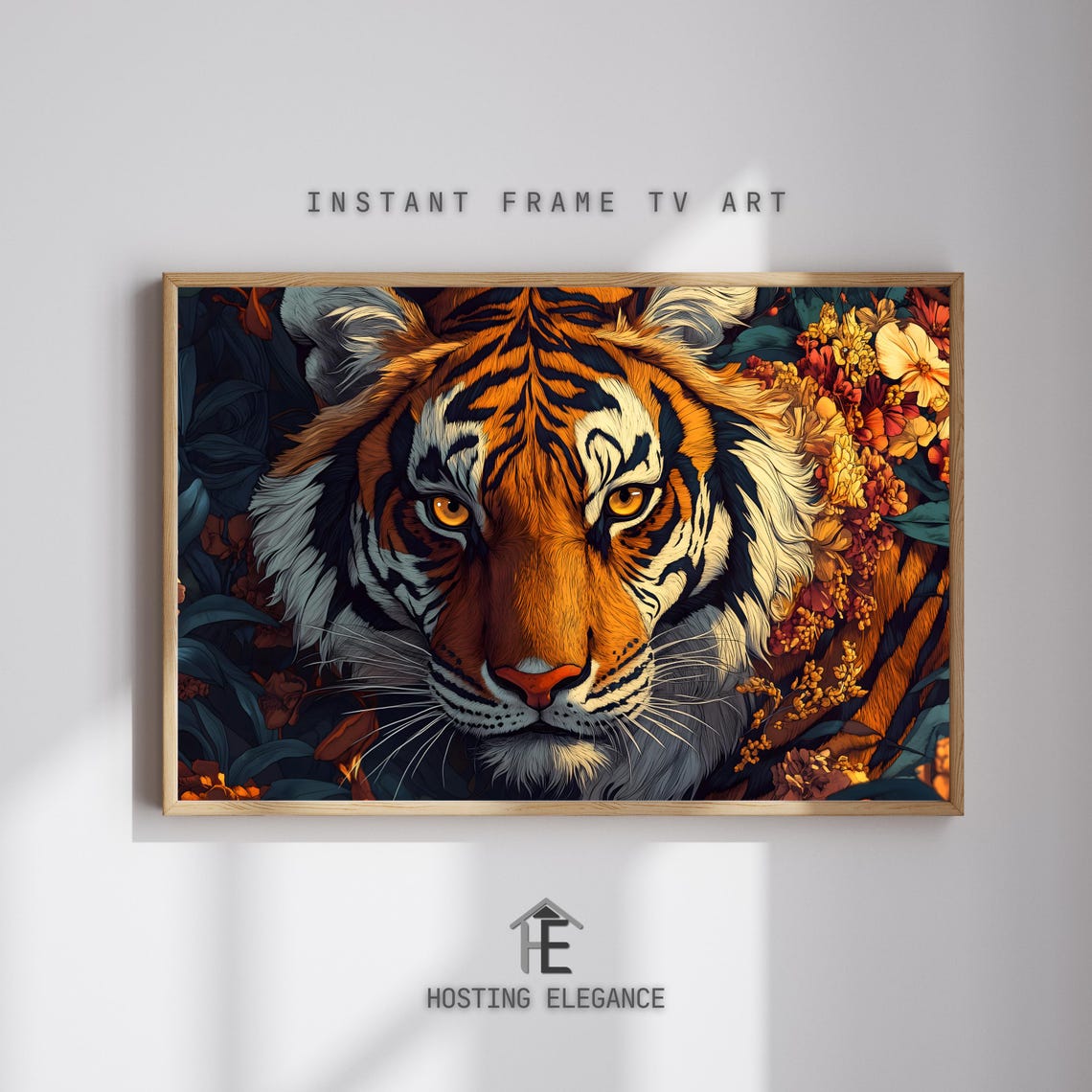 Majestic Tiger And Floral Tv Art Frame Tv Artwork Bold Tiger Portrait With Vibrant Flowers Wildlife Inspired Wall Decor