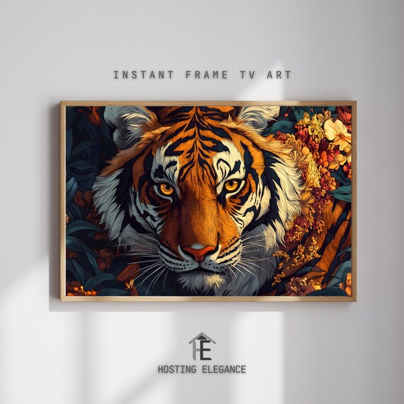 Majestic Tiger Portrait With Flowers Bold Wildlife Art Jungle Poster